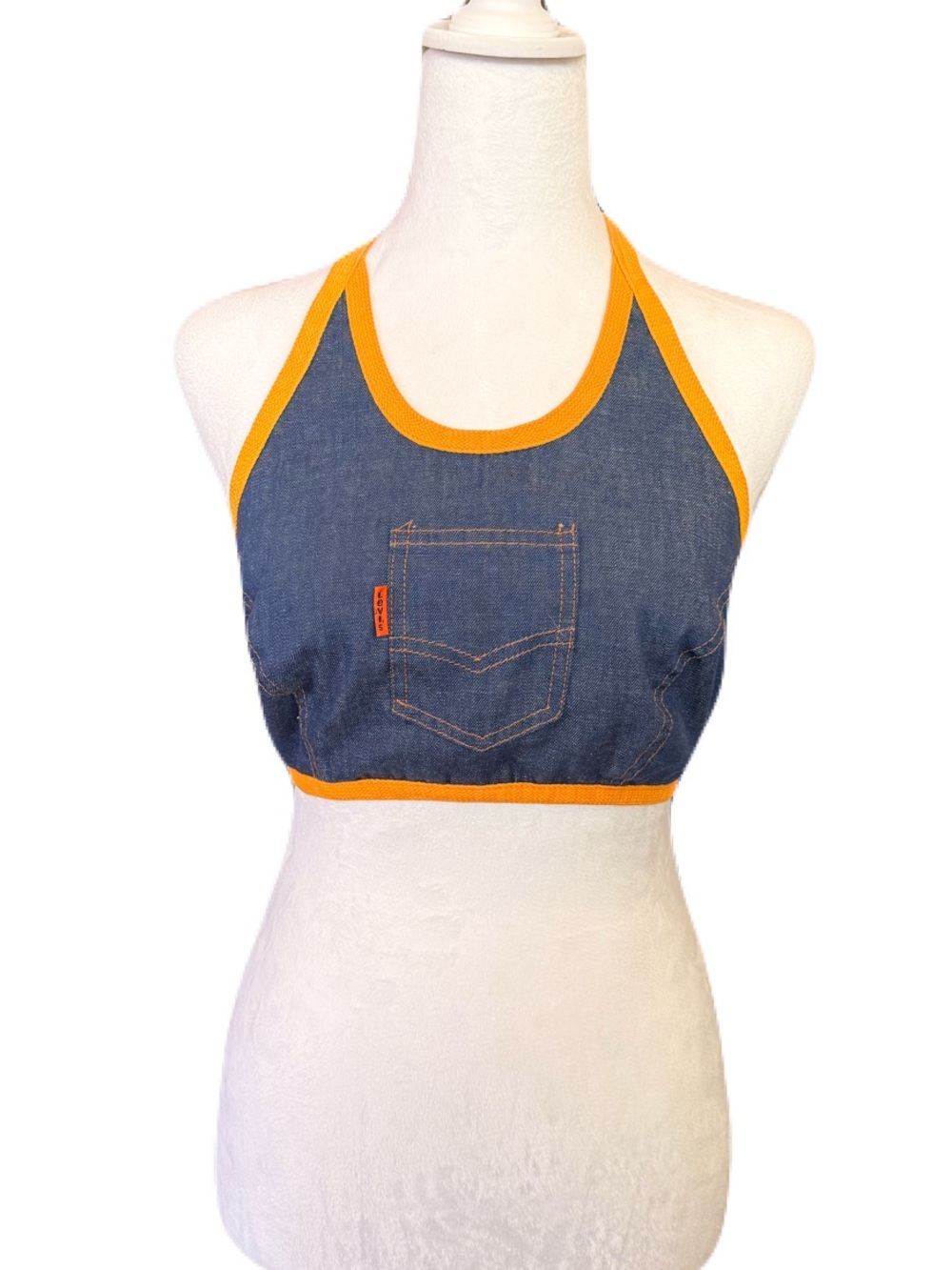 Vintage Levi’s orange tab- Denim Halter Crop Top with Yellow Trim